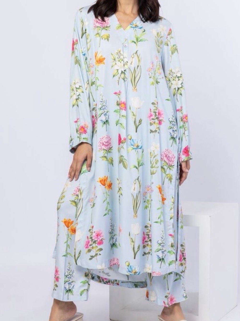 Khaadi Light Blue Floral Tunic Kurta Shirt Dress with V-Neck